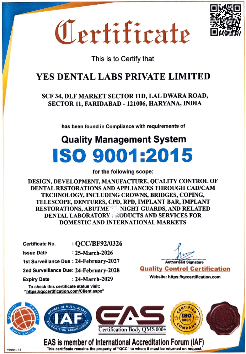 YES Dental Labs ISO Certificate